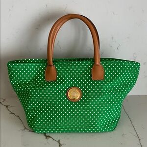 VIntage 90’s Capezio Green Polka Dot Tote with Tan Handles